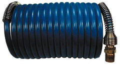 Coilhose Pneumatics - 3/8" ID, 3/8 Thread, 12' Long, Blue Nylon Coiled & Self Storing Hose - 230 Max psi, Male Swivel x Male Swivel - Caliber Tooling