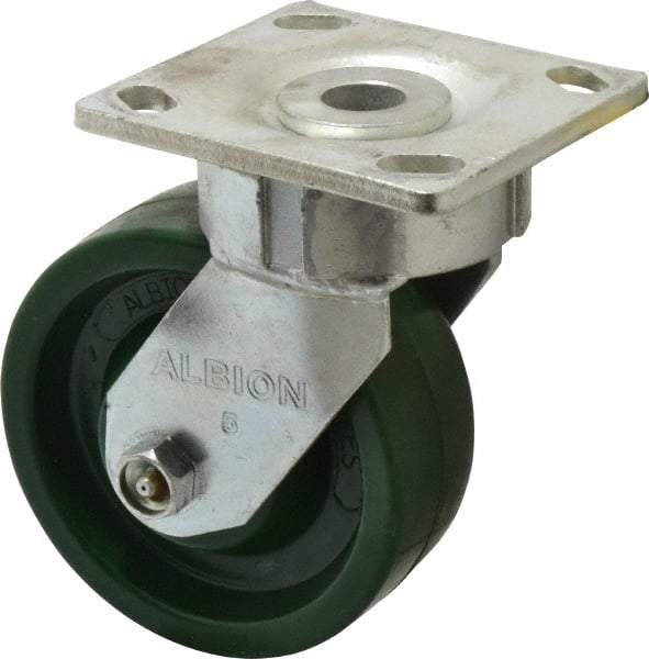 Albion - 5" Diam x 2" Wide x 6-1/2" OAH Top Plate Mount Swivel Caster - Polyurethane, 1,000 Lb Capacity, Roller Bearing, 4 x 4-1/2" Plate - Caliber Tooling