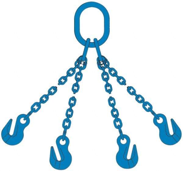 Pewag - 5' Long, 27,500 Lb Basket Capacity, 10,600 Lb Vertical Capacity, 4 Ply, Alloy Steel Web Sling - 10,600 Lb Choker Capacity, QOG Chain Sling, 3/8" Diam Chain, Blue, with 4 Grab Hooks & Master Link - Caliber Tooling