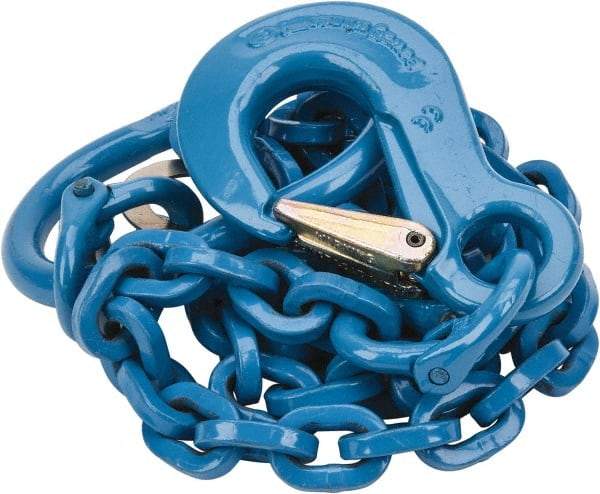 Pewag - 5' Long, 5,200 Lb Basket Capacity, 5,200 Lb Vertical Capacity, 1 Ply, Alloy Steel Web Sling - 4,500 Lb Choker Capacity, SOS Chain Sling, 9/32" Diam Chain, Blue, with Sling Hook & Master Link - Caliber Tooling