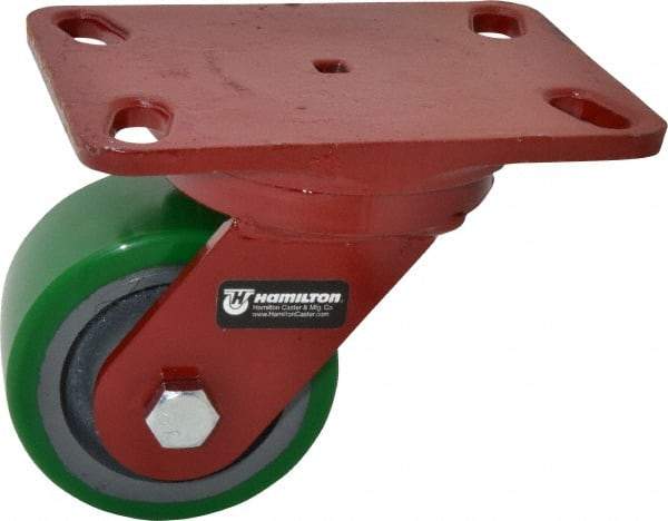 Hamilton - 4" Diam x 2" Wide x 5-5/8" OAH Top Plate Mount Swivel Caster - Polyurethane, 750 Lb Capacity, Precision Sealed Bearing, 4-1/2 x 6-1/2" Plate - Caliber Tooling