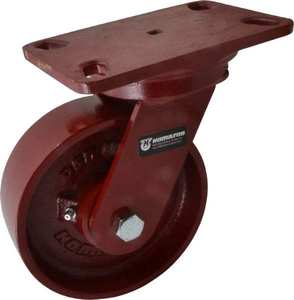 Hamilton - 6" Diam x 2" Wide x 7-3/4" OAH Top Plate Mount Swivel Caster - Cast Iron, 1,400 Lb Capacity, Roller Bearing, 4-1/2 x 6-1/2" Plate - Caliber Tooling