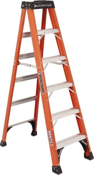 Louisville - 5 Steps, 6' High, Type IAA Rating, Fiberglass Step Ladder - 375 Lb Capacity, 21-7/8" Base Width - Caliber Tooling