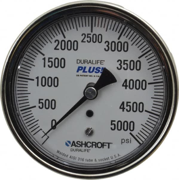 Ashcroft - 3-1/2" Dial, 1/4 Thread, 0-5,000 Scale Range, Pressure Gauge - Center Back Connection Mount, Accurate to 1% of Scale - Caliber Tooling