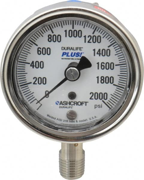 Ashcroft - 2-1/2" Dial, 1/4 Thread, 0-2,000 Scale Range, Pressure Gauge - Lower Connection Mount, Accurate to 1% of Scale - Caliber Tooling