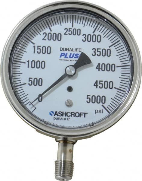 Ashcroft - 3-1/2" Dial, 1/4 Thread, 0-5,000 Scale Range, Pressure Gauge - Lower Connection Mount, Accurate to 1% of Scale - Caliber Tooling