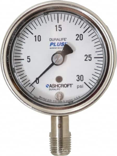 Ashcroft - 2-1/2" Dial, 1/4 Thread, 0-30 Scale Range, Pressure Gauge - Lower Connection Mount, Accurate to 1% of Scale - Caliber Tooling