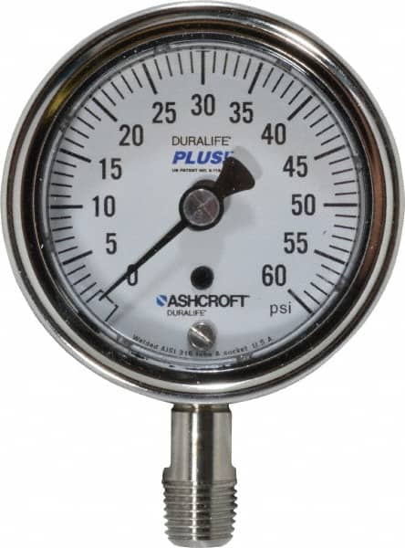 Ashcroft - 2-1/2" Dial, 1/4 Thread, 0-60 Scale Range, Pressure Gauge - Lower Connection Mount, Accurate to 1% of Scale - Caliber Tooling