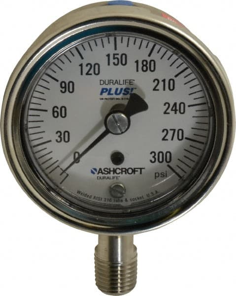 Ashcroft - 2-1/2" Dial, 1/4 Thread, 0-300 Scale Range, Pressure Gauge - Lower Connection Mount, Accurate to 1% of Scale - Caliber Tooling