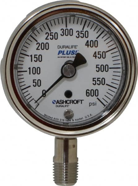 Ashcroft - 2-1/2" Dial, 1/4 Thread, 0-600 Scale Range, Pressure Gauge - Lower Connection Mount, Accurate to 1% of Scale - Caliber Tooling