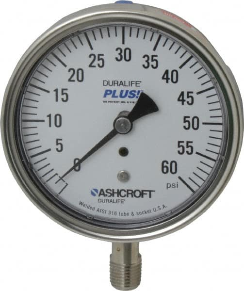 Ashcroft - 3-1/2" Dial, 1/4 Thread, 0-60 Scale Range, Pressure Gauge - Lower Connection Mount, Accurate to 1% of Scale - Caliber Tooling