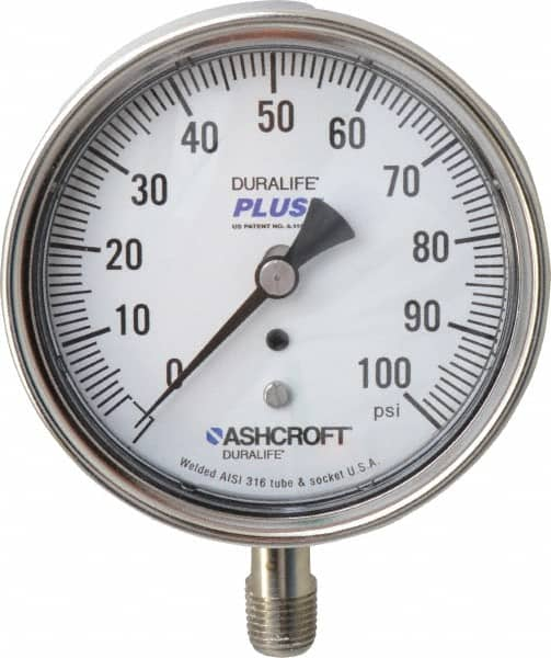 Ashcroft - 3-1/2" Dial, 1/4 Thread, 0-100 Scale Range, Pressure Gauge - Lower Connection Mount, Accurate to 1% of Scale - Caliber Tooling