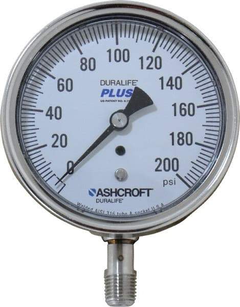 Ashcroft - 3-1/2" Dial, 1/4 Thread, 0-200 Scale Range, Pressure Gauge - Lower Connection Mount, Accurate to 1% of Scale - Caliber Tooling