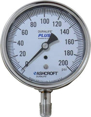 Ashcroft - 3-1/2" Dial, 1/4 Thread, 0-200 Scale Range, Pressure Gauge - Lower Connection Mount, Accurate to 1% of Scale - Caliber Tooling