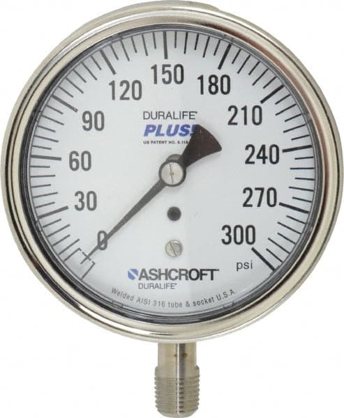 Ashcroft - 3-1/2" Dial, 1/4 Thread, 0-300 Scale Range, Pressure Gauge - Lower Connection Mount, Accurate to 1% of Scale - Caliber Tooling