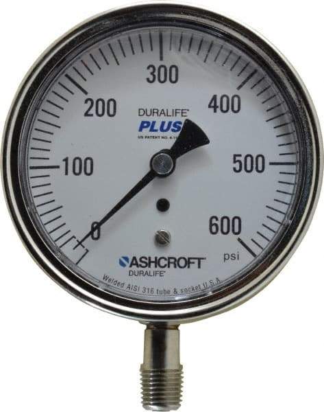 Ashcroft - 3-1/2" Dial, 1/4 Thread, 0-600 Scale Range, Pressure Gauge - Lower Connection Mount, Accurate to 1% of Scale - Caliber Tooling