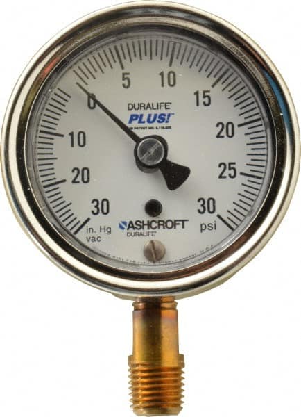 Ashcroft - 2-1/2" Dial, 1/4 Thread, 30-0-30 Scale Range, Pressure Gauge - Lower Connection Mount, Accurate to 1% of Scale - Caliber Tooling