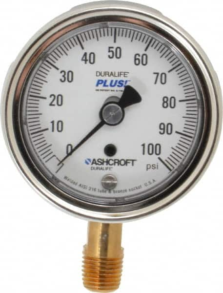 Ashcroft - 2-1/2" Dial, 1/4 Thread, 0-100 Scale Range, Pressure Gauge - Lower Connection Mount, Accurate to 1% of Scale - Caliber Tooling