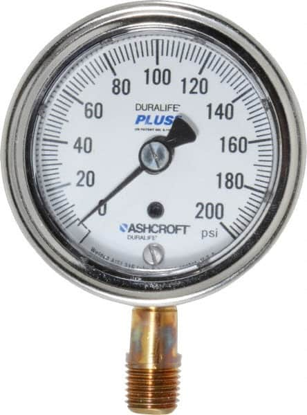 Ashcroft - 2-1/2" Dial, 1/4 Thread, 0-200 Scale Range, Pressure Gauge - Lower Connection Mount, Accurate to 1% of Scale - Caliber Tooling