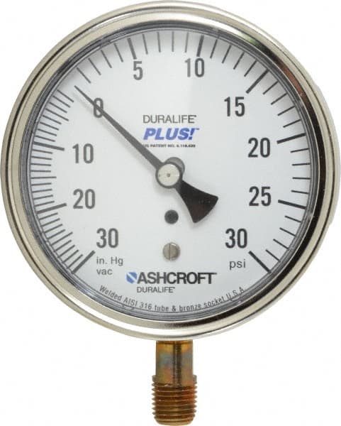 Ashcroft - 3-1/2" Dial, 1/4 Thread, 30-0-30 Scale Range, Pressure Gauge - Lower Connection Mount, Accurate to 1% of Scale - Caliber Tooling