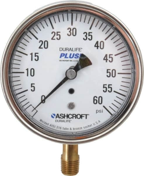 Ashcroft - 3-1/2" Dial, 1/4 Thread, 0-60 Scale Range, Pressure Gauge - Lower Connection Mount, Accurate to 1% of Scale - Caliber Tooling