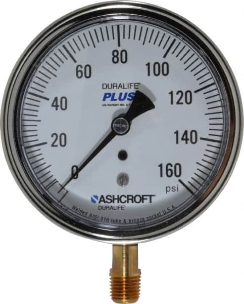 Ashcroft - 3-1/2" Dial, 1/4 Thread, 0-160 Scale Range, Pressure Gauge - Lower Connection Mount, Accurate to 1% of Scale - Caliber Tooling