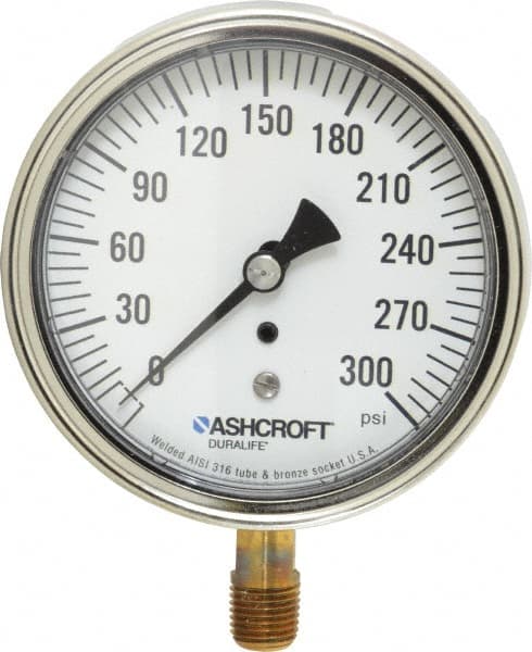 Ashcroft - 3-1/2" Dial, 1/4 Thread, 0-300 Scale Range, Pressure Gauge - Lower Connection Mount, Accurate to 1% of Scale - Caliber Tooling