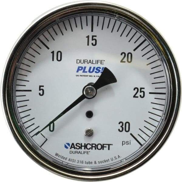 Ashcroft - 3-1/2" Dial, 1/4 Thread, 0-30 Scale Range, Pressure Gauge - Center Back Connection Mount, Accurate to 1% of Scale - Caliber Tooling