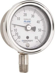 Ashcroft - 2-1/2" Dial, 1/4 Thread, 30-0-60 Scale Range, Pressure Gauge - Lower Connection Mount, Accurate to 1% of Scale - Caliber Tooling