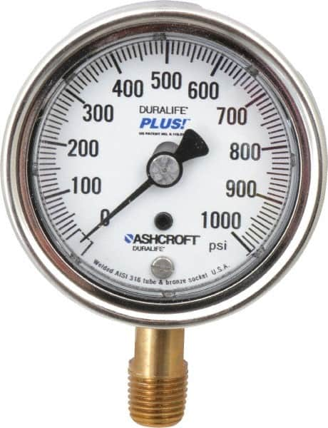 Ashcroft - 2-1/2" Dial, 1/4 Thread, 0-1,000 Scale Range, Pressure Gauge - Lower Connection Mount, Accurate to 1% of Scale - Caliber Tooling