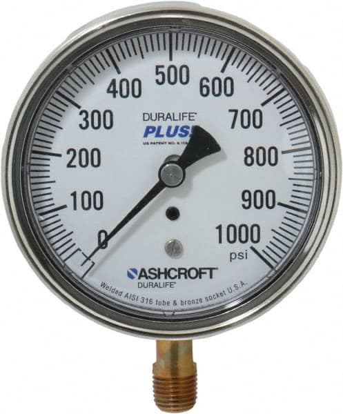 Ashcroft - 3-1/2" Dial, 1/4 Thread, 0-1,000 Scale Range, Pressure Gauge - Lower Connection Mount, Accurate to 1% of Scale - Caliber Tooling