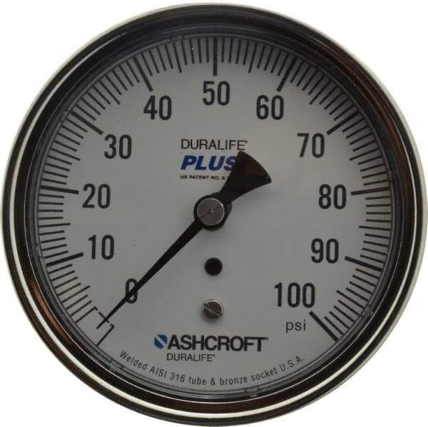 Ashcroft - 3-1/2" Dial, 1/4 Thread, 0-100 Scale Range, Pressure Gauge - Center Back Connection Mount, Accurate to 1% of Scale - Caliber Tooling