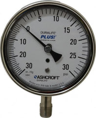 Ashcroft - 3-1/2" Dial, 1/4 Thread, 30-0-30 Scale Range, Pressure Gauge - Lower Connection Mount, Accurate to 1% of Scale - Caliber Tooling