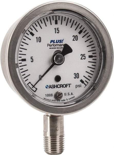 Ashcroft - 2-1/2" Dial, 1/4 Thread, 0-30 Scale Range, Pressure Gauge - Lower Connection Mount, Accurate to 3-2-3% of Scale - Caliber Tooling