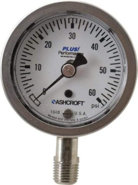 Ashcroft - 2-1/2" Dial, 1/4 Thread, 0-60 Scale Range, Pressure Gauge - Lower Connection Mount, Accurate to 3-2-3% of Scale - Caliber Tooling