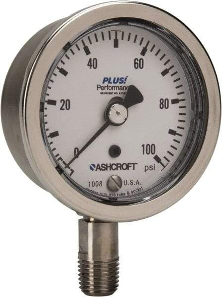 Ashcroft - 2-1/2" Dial, 1/4 Thread, 0-100 Scale Range, Pressure Gauge - Lower Connection Mount, Accurate to 3-2-3% of Scale - Caliber Tooling