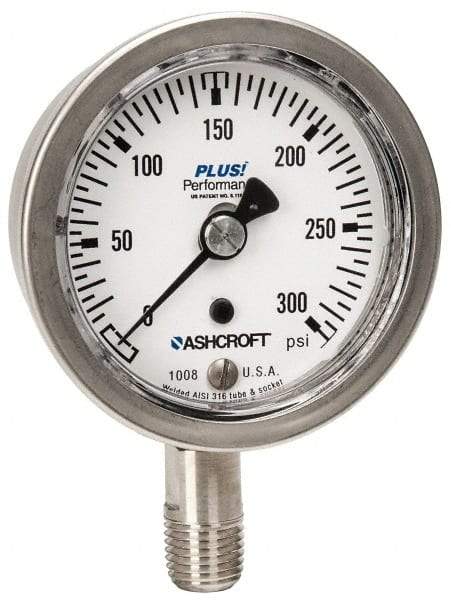 Ashcroft - 2-1/2" Dial, 1/4 Thread, 0-300 Scale Range, Pressure Gauge - Lower Connection Mount, Accurate to 3-2-3% of Scale - Caliber Tooling