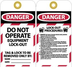 NMC - 3" High x 6" Long, DANGER - DO NOT OPERATE - EQUIPMENT LOCK-OUT - TAG & LOCK TO BE REMOVED ONLY BY:, English Safety & Facility Lockout Tag - Tag Header: Danger, 2 Sides, Black, Red & White Unrippable Vinyl - Caliber Tooling