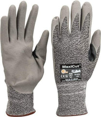 ATG - Size L (9), ANSI Cut Lvl A2, Abrasion Lvl 4, Nitrile Coated Cut Resistant Gloves - Palm & Fingers Coated, Nylon with Glass/Polyester/Lycra Lining, Knit Wrist, Gray/Green, Paired - Caliber Tooling