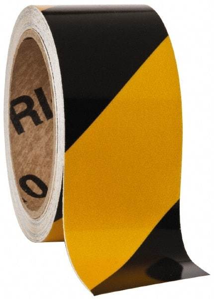 NMC - Black & Yellow Striped Vinyl Tape - 2" Wide x 30' Long x 0.002" Thick, General Traffic - Caliber Tooling