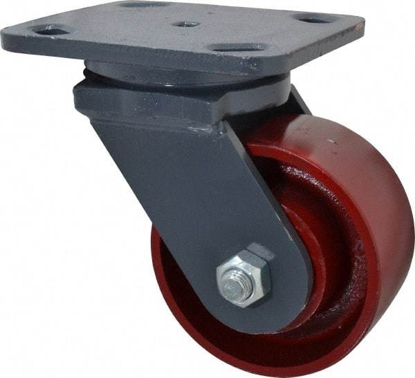 Hamilton - 4" Diam x 2" Wide x 5-5/8" OAH Top Plate Mount Swivel Caster - Cast Iron, 1,000 Lb Capacity, Roller Bearing, 4 x 5" Plate - Caliber Tooling