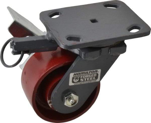 Hamilton - 4" Diam x 2" Wide x 5-5/8" OAH Top Plate Mount Swivel Caster with Brake - Cast Iron, 1,000 Lb Capacity, Roller Bearing, 4 x 5" Plate - Caliber Tooling