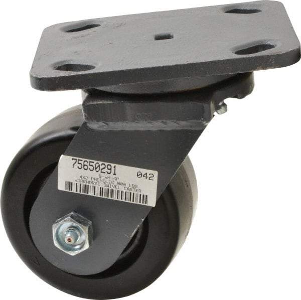 Hamilton - 4" Diam x 2" Wide x 5-5/8" OAH Top Plate Mount Swivel Caster - Phenolic, 800 Lb Capacity, Roller Bearing, 4 x 5" Plate - Caliber Tooling