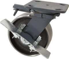 Hamilton - 6" Diam x 2" Wide x 7-1/2" OAH Top Plate Mount Swivel Caster with Brake - Forged Steel, 2,000 Lb Capacity, Roller Bearing, 4 x 5" Plate - Caliber Tooling