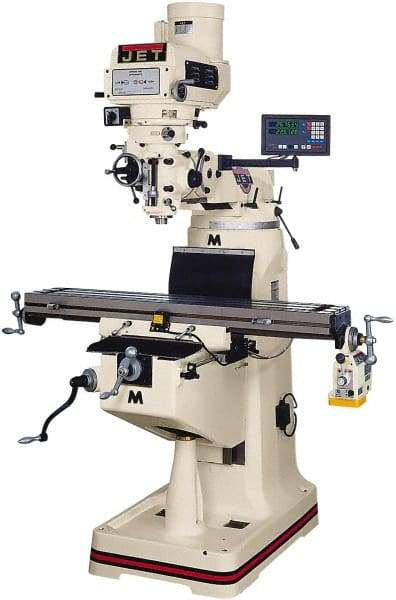 Jet - 9" Table Width x 42" Table Length, Variable Speed Pulley Control, 3 Phase Knee Milling Machine - R8 Spindle Taper, 3 hp - Caliber Tooling