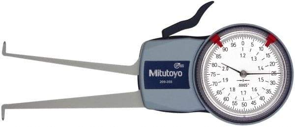 Mitutoyo - 1.2 to 2" Inside Dial Caliper Gage - 0.0005" Graduation, 0.0015" Accuracy, 3.3" Leg Length, 0.26" Deep x 0.06" Wide Groove, Ball Contact Points - Caliber Tooling