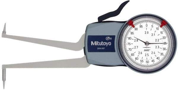 Mitutoyo - 2 to 2.8" Inside Dial Caliper Gage - 0.0005" Graduation, 0.0015" Accuracy, 3.3" Leg Length, 0.31" Deep x 0.06" Wide Groove, Ball Contact Points - Caliber Tooling