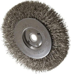 Weiler - 4" OD, 1/2" Arbor Hole, Crimped Stainless Steel Wheel Brush - 1/2" Face Width, 7/8" Trim Length, 0.0118" Filament Diam, 12,500 RPM - Caliber Tooling