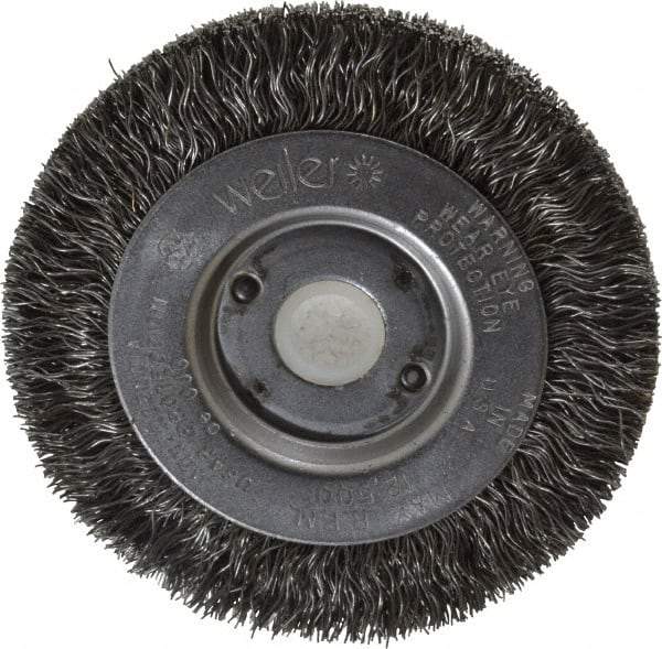 Weiler - 3" OD, 1/2" Arbor Hole, Crimped Steel Wheel Brush - 7/16" Face Width, 1/2" Trim Length, 0.0118" Filament Diam, 12,500 RPM - Caliber Tooling