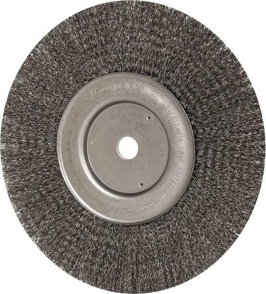 Weiler - 10" OD, 3/4" Arbor Hole, Crimped Steel Wheel Brush - 3/4" Face Width, 2-1/2" Trim Length, 0.014" Filament Diam, 4,000 RPM - Caliber Tooling